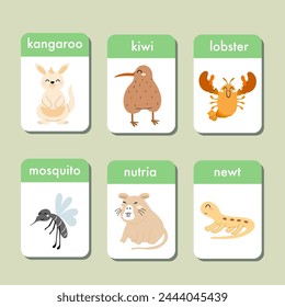 Animals flashcards collection for kids. Flash cards set with cute characters for practicing reading skills. Kangaroo, kiwi, lobster, mosquito, nutria and newt. Vector illustration.