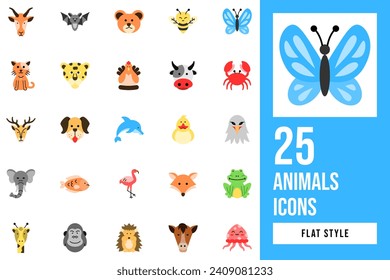 Animals Flat Icon Set. Containing eagle, giraffe, elephant, bat, horse, frog, butterfly, dog, dolphin, cheetah, gorilla, cow, fish, bear, cat, deer, fox, bee, flamingo, antelope, duck, crab.