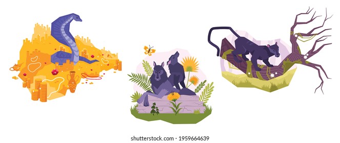 Animals flat icon set with the snake guards the treasure the wolves howl and the tiger is defeated vector illustration
