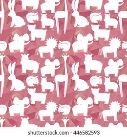 Animals flat set, seamless pattern. Zoo animals, wallpaper, textile, white flat icons of animals on pink poligonal background