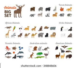 Animals in flat style big set. Forest animals and animals from different continents. Vector illustration.