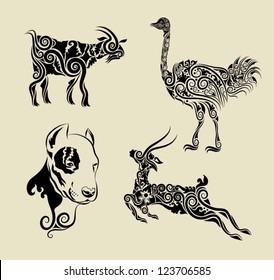 Animals floral ornament symbol vector  Goat  ostrich  dog head  deer   Black flora decorative ornament  For tattoo any design you want  Easy to change color edit  because each item is group