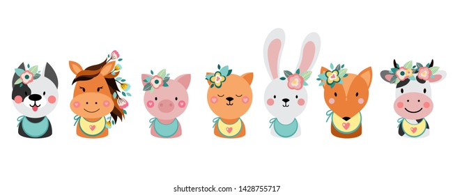 Animals with flowers on a white background. Dog, cat, cow, pig, fox,horse, rabbit, bunny. Cartoon cute  illustration for baby shower invitations, cards, posters. - Vector