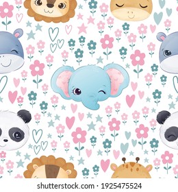 animals and flowers in a repeat patterns. Nursery art background. Children's fabric pattern design.
