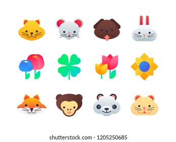 Animals and flowers - set of flat design style icons