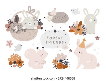 Animals And Flowers Vector Collection. Set With Cute Baby Animals: Bunny, Rabbit, Hare, Bird, Hedgehog, Squirrel. Woodlands Animals In Scandinavian Style Isolated On White Background