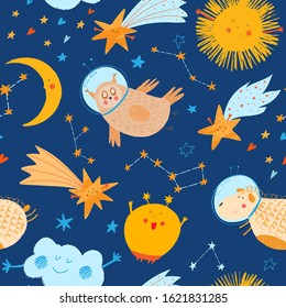 Animals fly in open space. Seamless pattern for kids. Animals in blue sky. Space team. Cute smiling owl, sheep, star, cloud, sun, moon.  Cosmos background. Funny cartoon vector children illustration.