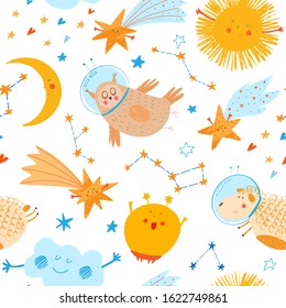 Animals fly in open space. Seamless pattern for kids. Animals in blue sky. Space team. Cute smiling owl, sheep, star, cloud, sun, moon.  Cosmos background. Funny cartoon vector children illustration.