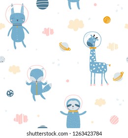 Animals fly in outer space seamless pattern. Cute kids print. Vector hand drawn illustration.