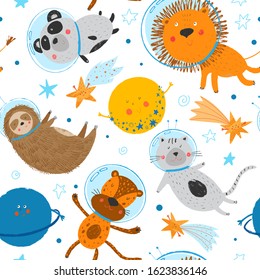 Animals fly in space. Seamless vector pattern for kids. Animals in blue sky. Space team. Cute smiling panda, lion, cat, leopard, sloth, planet, stars. Cosmos background. Funny cartoon illustration.