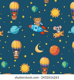 Animals fly in space.Vector seamless pattern with animals flying in space among the stars and planets.