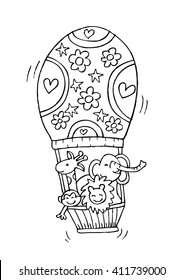 Animals flying in an air balloon. Doodle style.