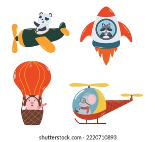 Animales que vuelan en avión, cohete, helicóptero y globo aerostático. Cute Panda, Raccoon, Pilotos o Aviadores de caracteres de cerdo y ratón. Juguetes bebés, personajes divertidos para el juego. Ilustración del vector de dibujos animados