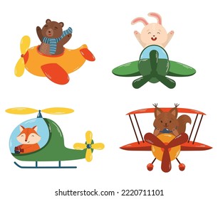 Animals Flying on Airplanes and Helicopter. Cute Bear, Bunny, Fox and Squirrel Pilots Travel by Air. Toys for Kids, Book or Game Personages Isolated on White Background. Cartoon Vector Illustration
