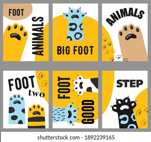 Animals foot flyers set. Cat paws and claws vector illustrations with text on white and yellow background. Veterinary, pet shop, shelter concept for posters and brochures design