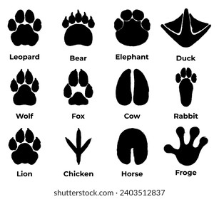 Animals footprint in brush stroke style, Animals paw silhouette