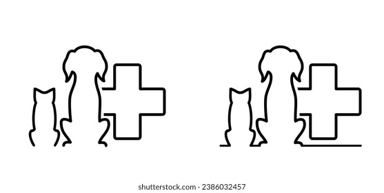 Animals footprint. Veterinary dog, hound, cat silhouette. Canine sign. Vector line pattern. Puppy or pet concept. Veterinarian, cat and dog with medical cross.