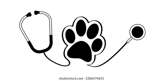 Tierfußabdruck. Tierhund, Hundsilhouette. Kaninchen-Schild. Vektorlinienmuster. Welpen- oder Haustierkonzept. Tierarzt, Hund, Katze mit Stethoskop, Herzsymbol. Doktor-Werkzeug. Stethoskop-Cardio-Gerät