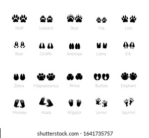 Animals footprints, paw prints. Set of different animals and predators footprints and traces. Cat, lion, leopard, tiger, fox, wolf, dog, bear. Vector