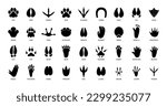 Animals footprints. Prints animal bird paw, wildlife foot icon, domestic pets footstep silhouette, print hoofed feet, black amphibia feet track vector set. Cat, turkey, chicken and horse trail