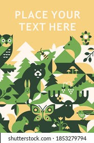 Animals In Forest - Abstract Vector Banner, Cover, Graphic Print. Geometric Pattern.