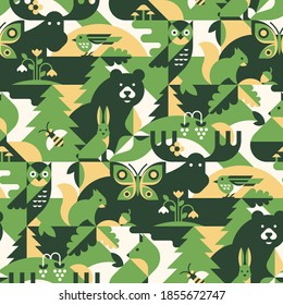 Animals in forest - abstract vector pattern, seamless with bear, fox, bee, bird, butterfly, elk, hare, owl, squirrel, leaves and flowers. Perfect for camouflage fabric, textile, wallpaper.
