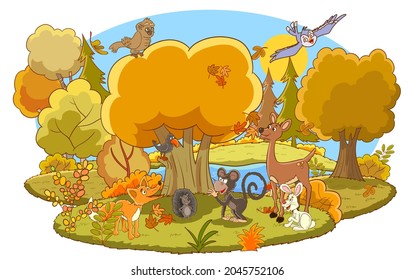 animals in the forest in autumn.storybook vector illustration