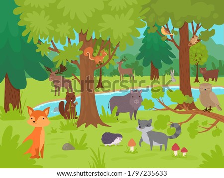 Animals in forest background. Wild cute happy animals living and playing in forest glade with big trees vector illustrations