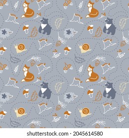  Animals in the forest, bear, fox. Seamless pattern for fabric,  wallpaper apparel. Kids print. Vector.