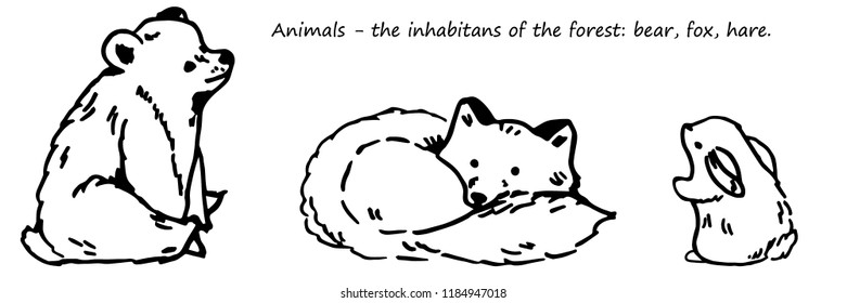 animals - forest dwellers - bear, fox, hare. Isolated black vector silhouette on white background, postcard