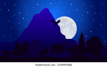 Animals in forest the full moon in a starry night vector illustration EPS10