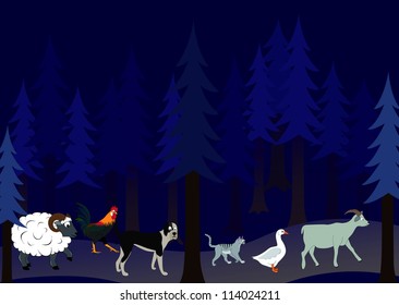 animals in forest on the night scary journey road fairytale background