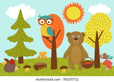 animals in forest picks mushrooms and berries  - vector illustration, eps