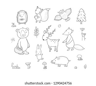 Animals of the forest. Set with cute cartoon bears, fox, hare and squirrel, owl and deer. Design for children