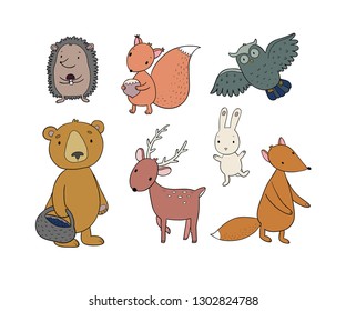 Animals of the forest. Set with cute cartoon bears, fox, hare and squirrel, owl and deer. Design for children