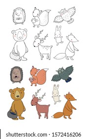 Animals of the forest. Set with cute cartoon bears, fox, hare and squirrel, owl and deer. Design for children. Illustration for coloring books. Monochrome and colored versions. Worksheet for children 