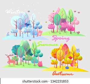 Animals in the forest set of illustrations. Four seasons: winter, spring, summer, autumn. Cute cartoon characters.