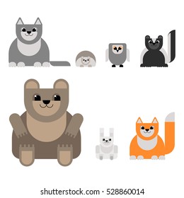 Animals of the forest in the style of the material design. Bear, wolf, fox, hare, hedgehog, owl, skunk. Vector