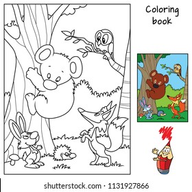 Animals in the forest. Teddy bear, fox, hare, hedgehog and owl. Coloring book. Cartoon vector illustration