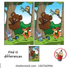 Animals in the forest. Teddy bear, fox, hare, hedgehog and owl. Find 10 differences. Educational matching game for children. Cartoon vector illustration