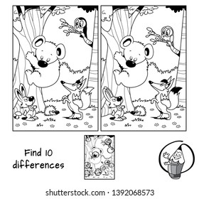 Animals in the forest. Teddy bear, fox, hare, hedgehog and owl. Find 10 differences. Educational matching game for children. Black and white cartoon vector illustration