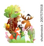 Animals of the forest together on a big tree. Bear, moose, rabbit, skunk snake and owl cute friends of the green forest. Colorful watercolor style vector cartoon for children.