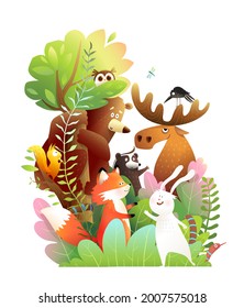 Animals Of The Forest Together On A Big Tree. Bear, Moose, Rabbit, Skunk Snake And Owl Cute Friends Of The Green Forest. Colorful Watercolor Style Vector Cartoon For Children.