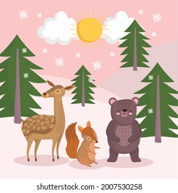 animals in forest trees winter