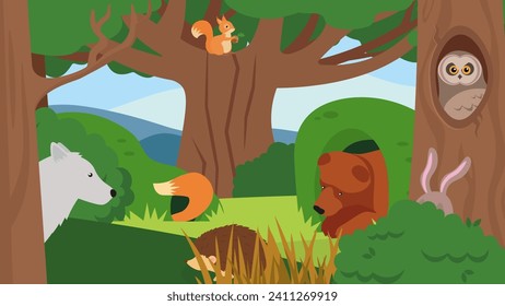 Animals in the forest. Vector illustration in flat cartoon style.