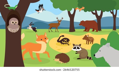 Animals in the forest vector illustration. Flat design. Forest animals.