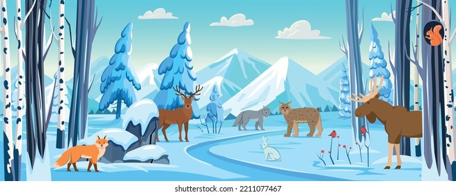 Animals in the forest in winter.Winter forest background with animals, trees, snowy fir trees, mountains, stones, driftwood and fields in the snow. Panorama of winter landscape. Vector banner.