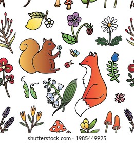 Animals in the forrest fancy seamless vector pattern. Cute squirrel and fox cartoon design, Hand drawn flowers, fruits and mushrooms background illustration.
