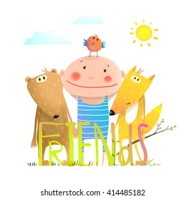 Animals fox bear bird and kid childish funny friendship cartoon with sign. Kids cute friendship brightly colored cartoon, vector illustration.