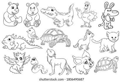 Animals. Fox, bear, racon, hare, deer, crocodiles, chickens, dogs, turtles, iguanas, snakes, pigs, wolves. Black and white vector illustration for coloring book